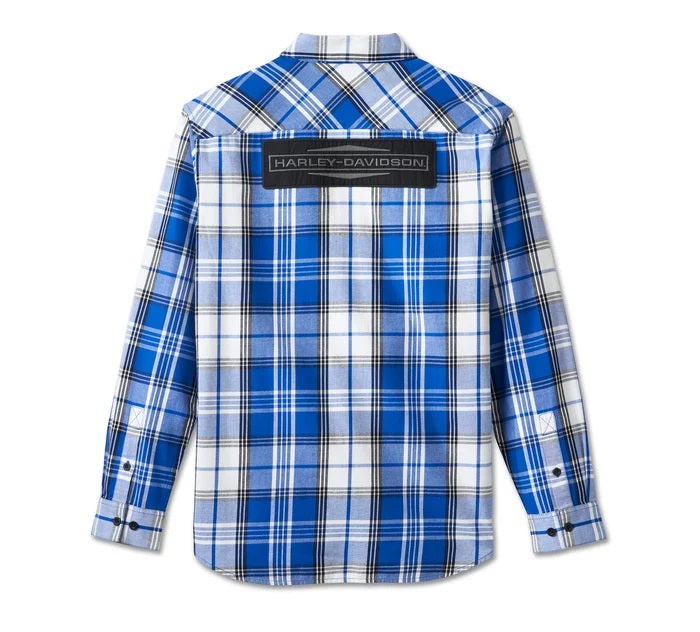 HARLEY DAVIDSON MEN – STACKED B&S LONG SLEEVE SHIRT – PLAID WHITE/BLUE - 96034-25VM