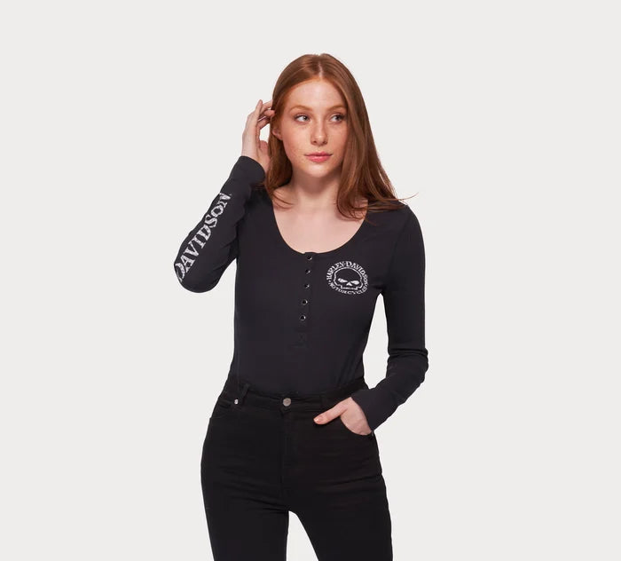 Henley à manches longues et boutons-pression Willie G Sk**l pour femme - 99099-22VW