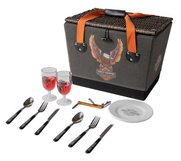 Panier de pique-nique Harley-Davidson® Vivid B&S Eagle avec couvercle et poignées en osier - HDX-99327