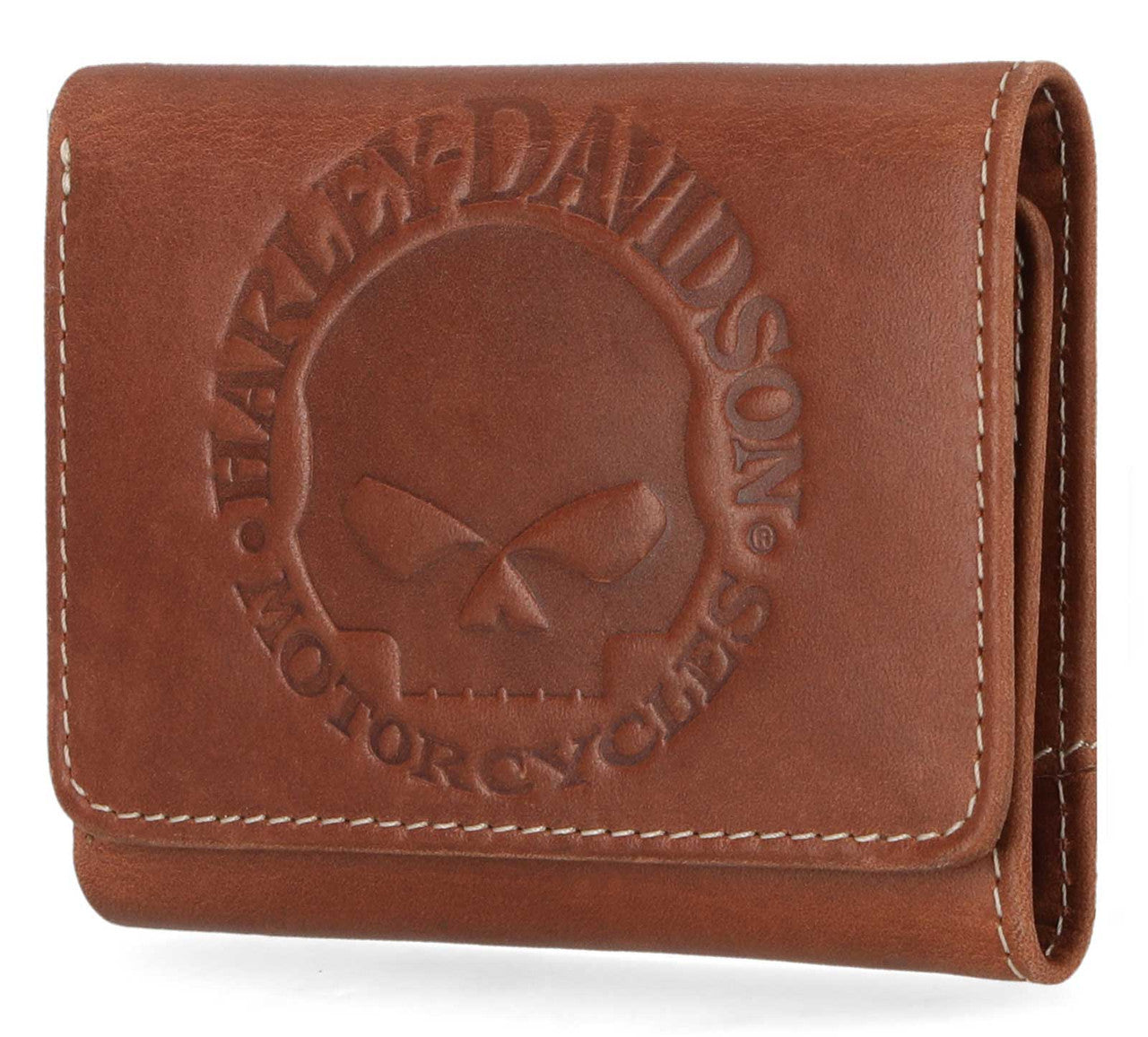 Portefeuille en cuir à trois volets avec tête de Willie G en relief pour homme Harley-Davidson® - Marron (MWM054)