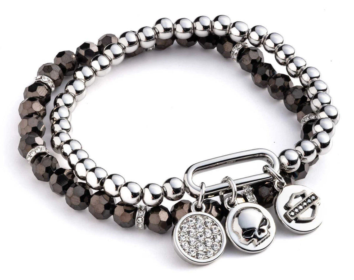 Ensemble de deux bracelets extensibles à perles avec breloques en cristal Harley-Davidson® pour femmes - 34B00189