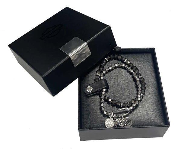 Ensemble de deux bracelets extensibles à perles avec breloques en cristal Harley-Davidson® pour femmes - 34B00189