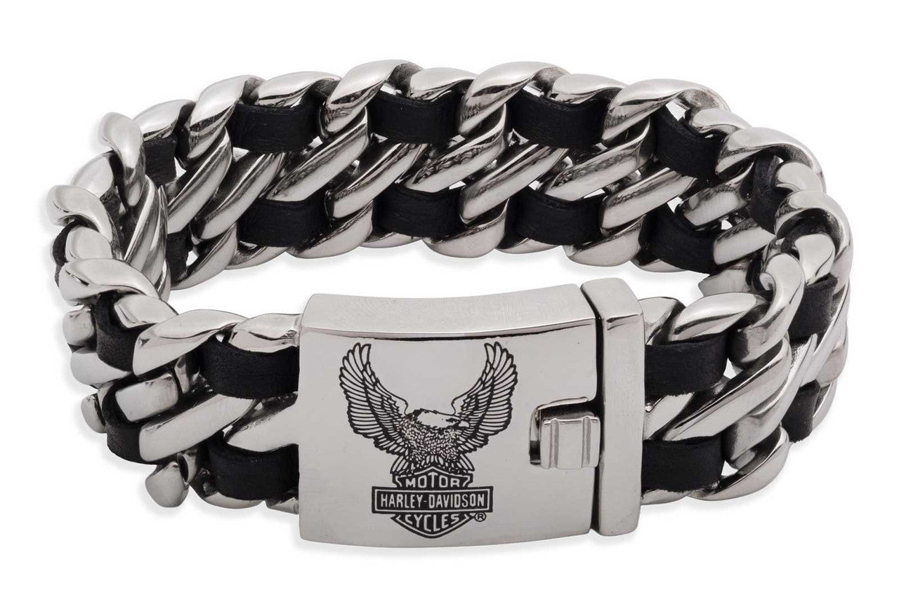 Bracelet gourmette en cuir et acier inoxydable B&S Flying Eagle pour homme - 34B00266