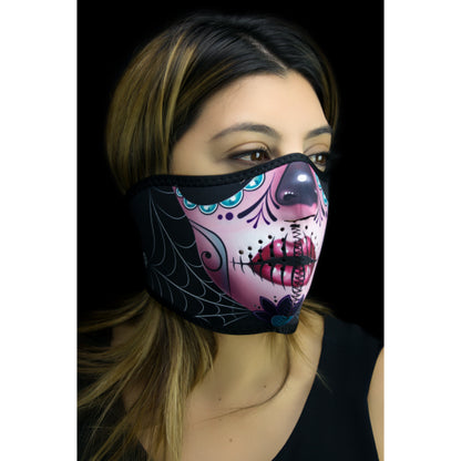 Demi-masque en néoprène réversible violet, motif tête de mort mexicaine - 2504-0410