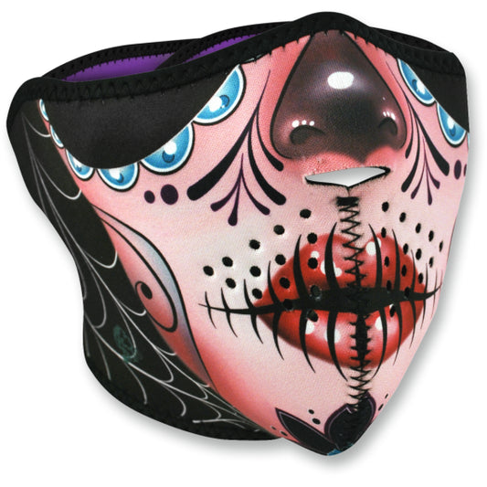 Demi-masque en néoprène réversible violet, motif tête de mort mexicaine - 2504-0410