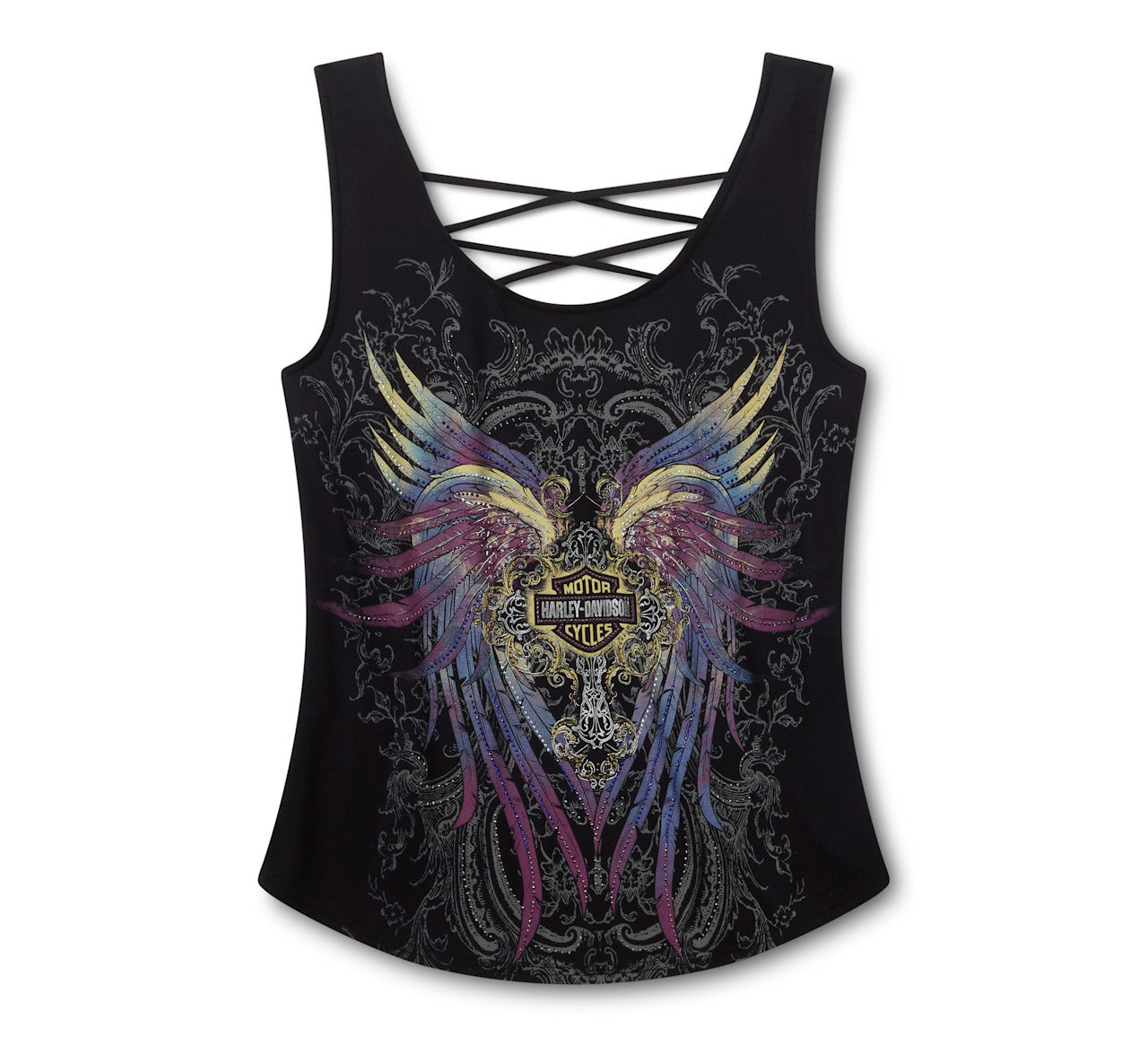 Débardeur dos lacé à motif ailes de moto HD Bling pour femme - 96627-25VW