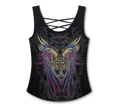 Débardeur dos lacé à motif ailes de moto HD Bling pour femme - 96627-25VW