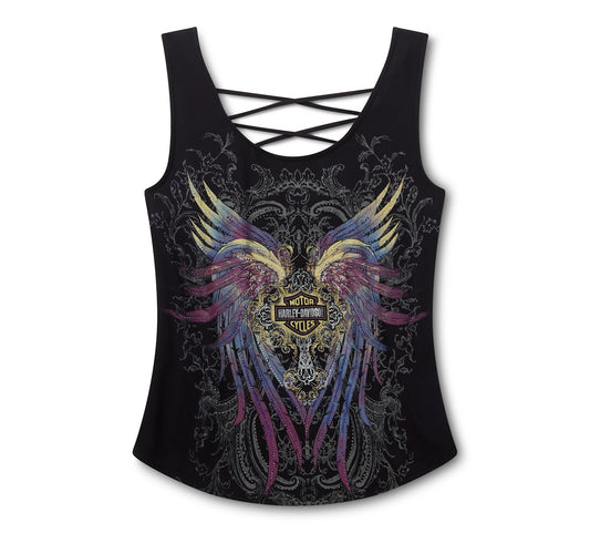 Débardeur dos lacé à motif ailes de moto HD Bling pour femme - 96627-25VW