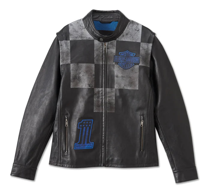 Veste convertible en cuir bleu acier pour homme - 97028-24VM