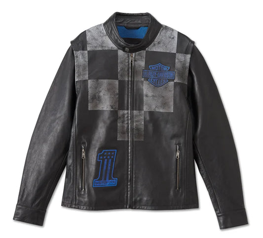 Veste convertible en cuir bleu acier pour homme - 97028-24VM