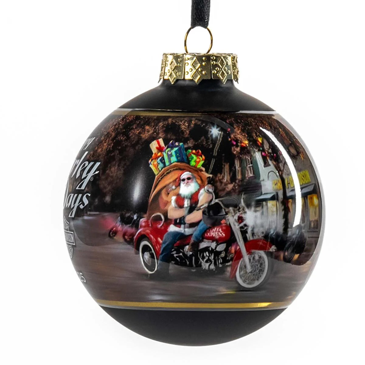 Boule de Noël en verre H-D 2025, motif motard Père Noël - HDX-99355