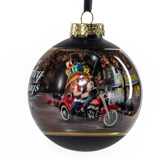 Boule de Noël en verre H-D 2025, motif motard Père Noël - HDX-99355