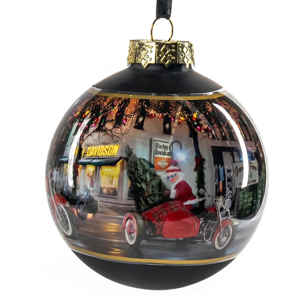 Boule de Noël en verre H-D 2025, motif motard Père Noël - HDX-99355