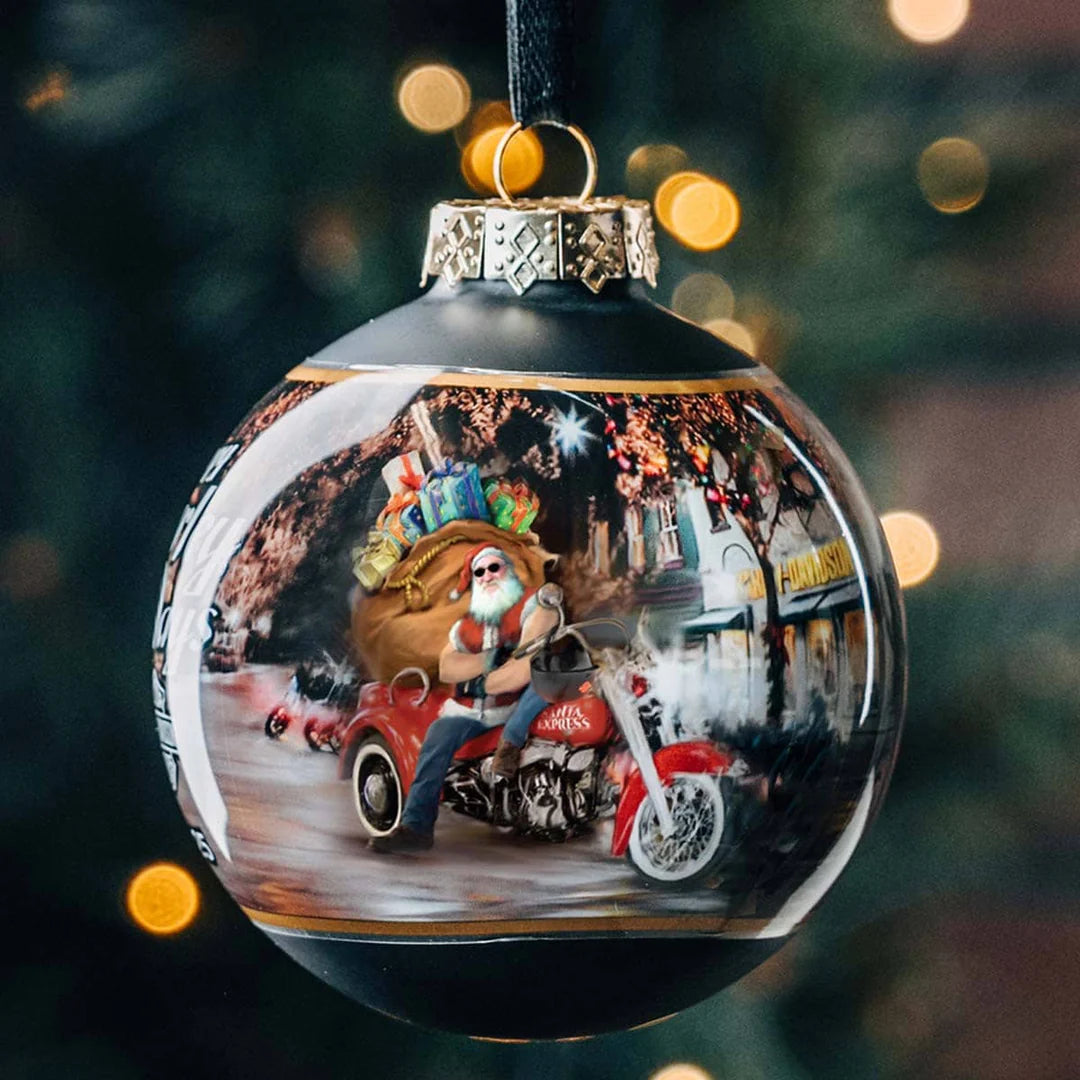 Boule de Noël en verre H-D 2025, motif motard Père Noël - HDX-99355
