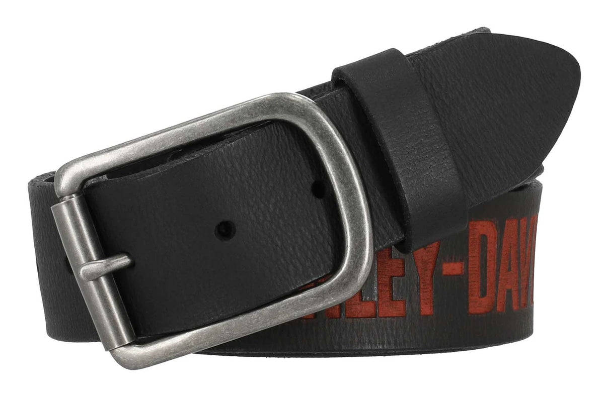 Ceinture Harley-Davidson® pour homme en cuir véritable gaufré HD, noir/orange - BMM077/08