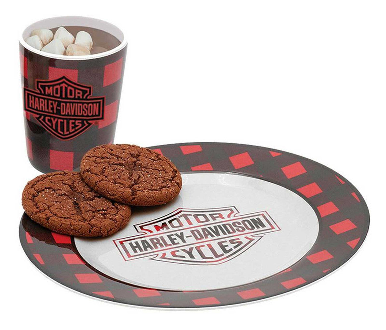 Assiette à biscuits en mélamine à carreaux rouges et noirs Harley-Davidson® Holiday avec tasse de 10 oz HDX-98670